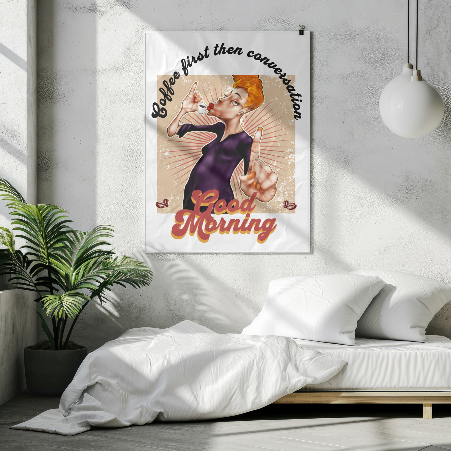Work 02 – Coffee first, then Conversation | Volume I (16 × 20 Framed Illustration) – Glyphworks