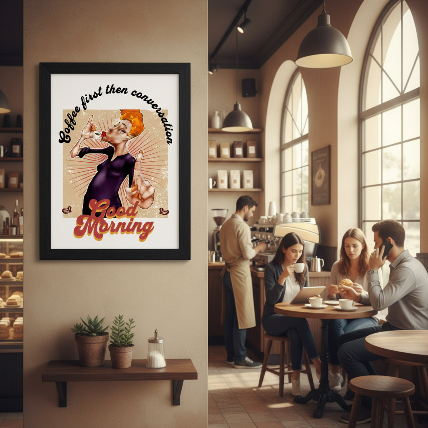 Work 02 – Coffee first, then Conversation | Volume I (16 × 20 Framed Illustration) – Glyphworks